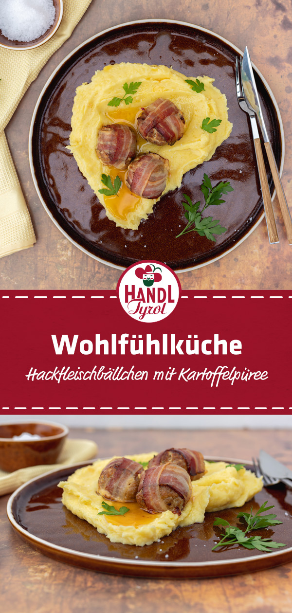 Bacon-wrapped meatballs served on potato purée - HANDL TYROL
